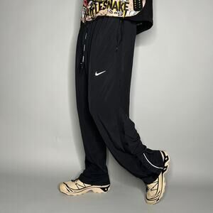 Nike Track Pants Black Polyester Sweatpants Baggy Wide Leg White Swoosh Dri Fit